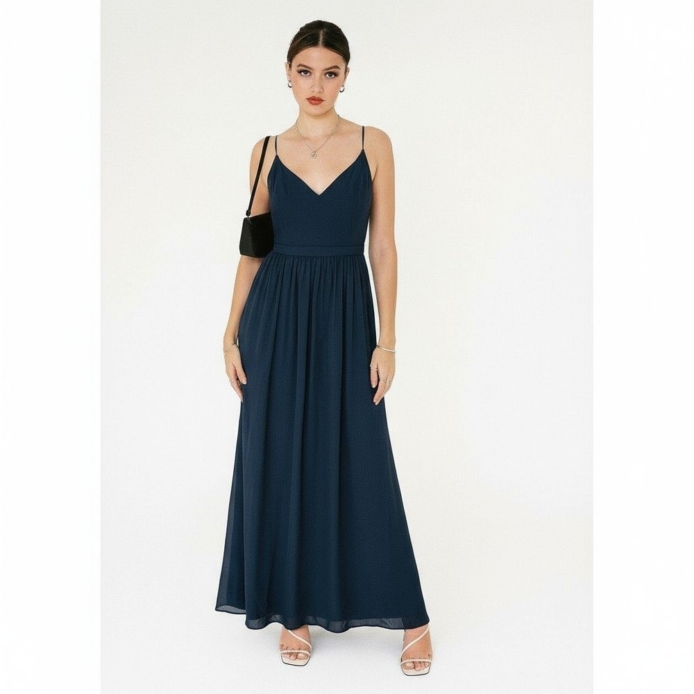 Levkoff Navy Blue Chiffon Formal Maxi Dress Womens Size 4 Empire Waist Party